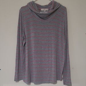 LOFT Women's Sweater in Gray and Coral Stripes